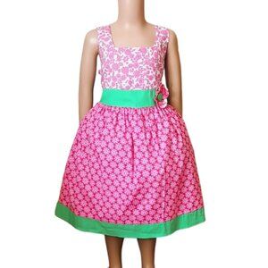 Girls Floral Spring Sundress 6X Pink Green Fit & Flare Sleeveless Color Block